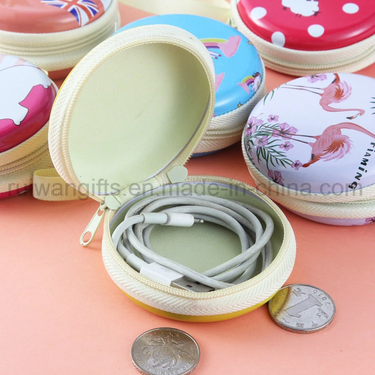 Round Metal Small Coin Case with Zipper