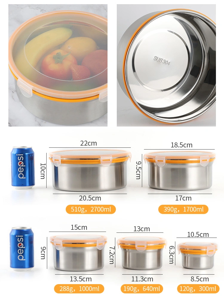 Large Capacity Round Leakproof Metal Box 304 Stainless Steel Kitchen Food Storage Box with Plastic Lid