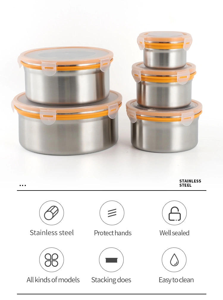 Large Capacity Round Leakproof Metal Box 304 Stainless Steel Kitchen Food Storage Box with Plastic Lid