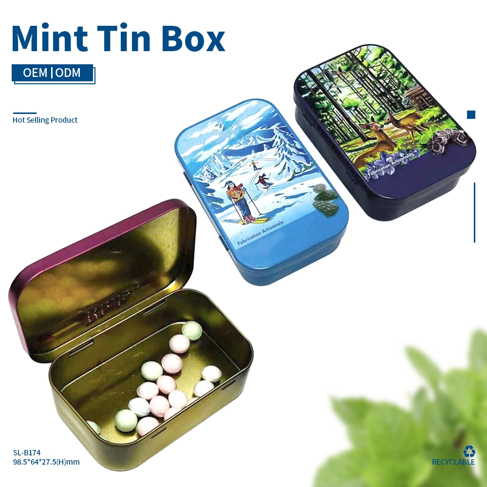 Wholesale Custom Tinplate Candy Tray Rectangle Shaped Metal Mint Thin Can Flip Hinge Tin Snuf Box for Mint