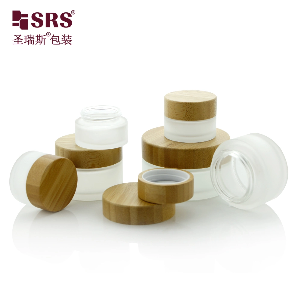 Cosmetic Wholesale Round Square Clear Amber Empty Cosmetic Skincare Packaging 1oz 2oz15g 30g 50g Bamboo Lid Mask Makeup Frosted Glass Cream Sample Mini Nail Jar