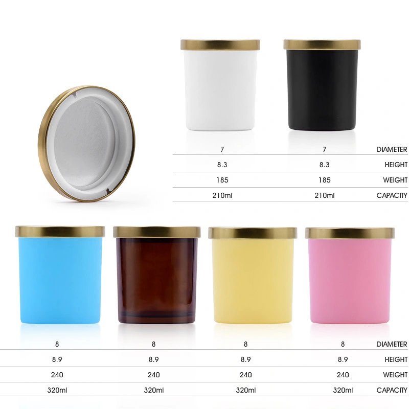 Wholesale Decorative Round Empty 200ml 300ml 12 Oz Matte Amber Black White Yellow Pink Glass Candle Jar with Silver Metal Lids