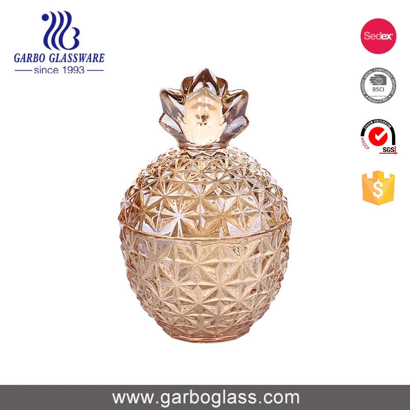 Unfading Ion Electroplated Golden Decorative Pineapple Shape Glass Candy Jar with Lid