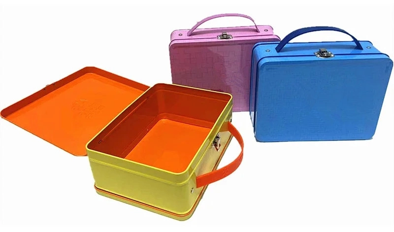 China Wholesale Handbag Tin Packaging Rectangular Metal Suitcase Food Grade Kids Tin Lunch Box