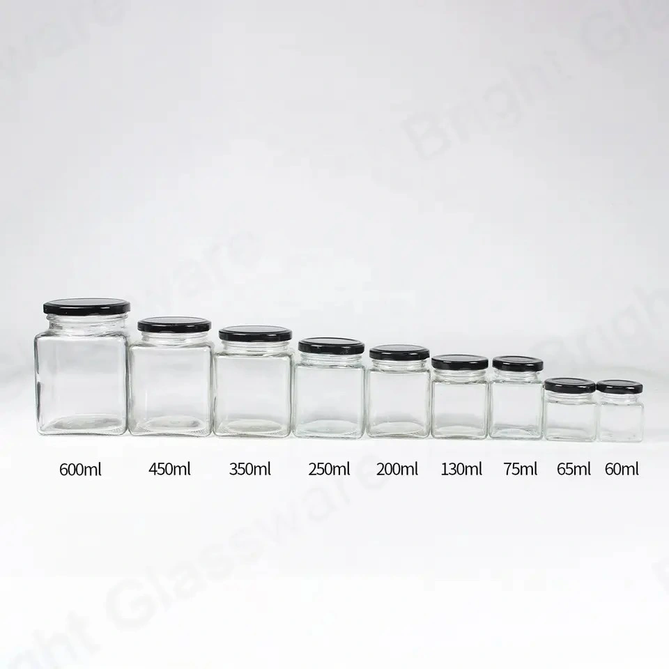 Wholesale Empty Square Clear Food Storage Container Honey Glass Jar with Metal Lid