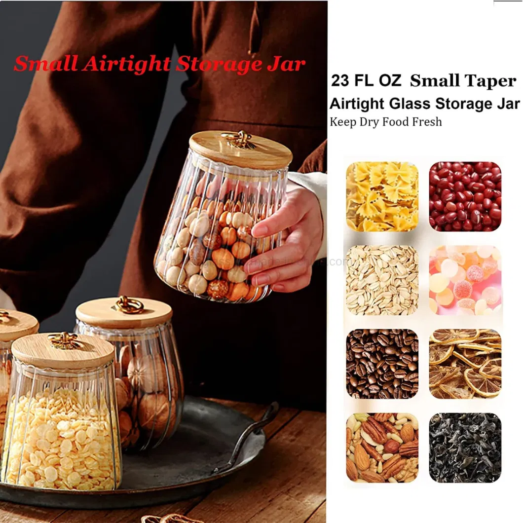 Glass Coffee Nuts Canister Airtight Storage Jar Petal Decorative Container with Bamboo Lid Metal Handle Easy to Grasp 700ml, 23 FL Oz