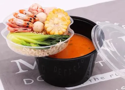 Black 1750 Convex Lid +3.5 Single Grid Large Lining Thickened Disposable Double Layer Soup Noodles Separation Packing Box Two-Layer Takeaway Meal Box Soup Bucke