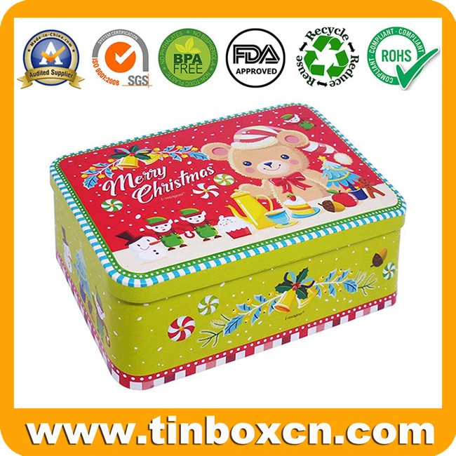 Decorative Cute Rectangle Gift Metal Can Christmas Tin Box with Hinge Lid for Food Storage Container