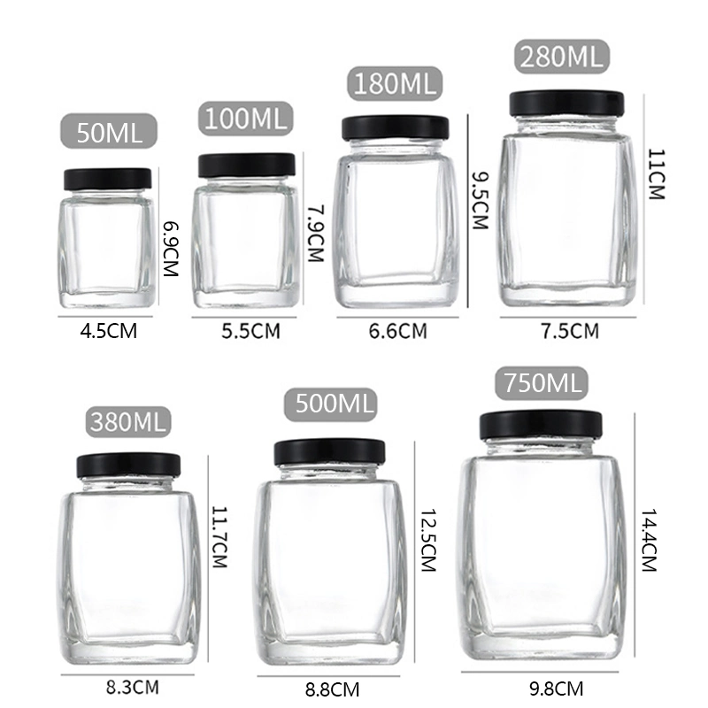 Empty Luxury 50ml 100ml 180ml 380ml Square Glass Honey Jars Caviar Jam Food Glass Jars Container with Metal Wooden Lid