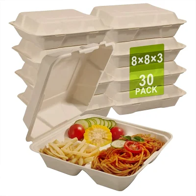  Compostable Eco-friendly Paper Pulp sugarcane Bagasse Food Container Biodegradable Takeaway Раскладушка Закрыто одноразовая пищевая упаковка с крышкой