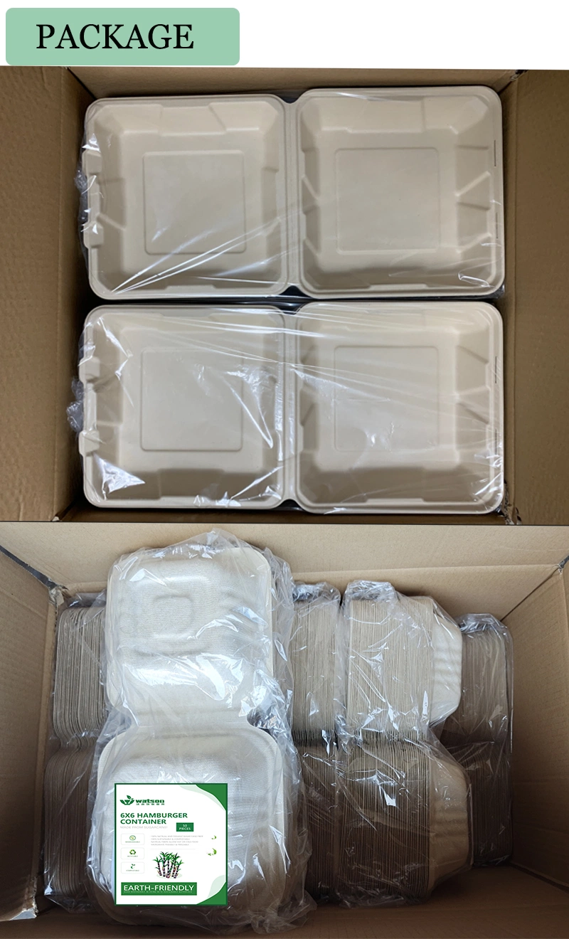 Compostable Eco-Friendly Paper Pulp Sugarcane Bagasse Food Container Biodegradable Takeaway Clamshell Envases Disposable Food Packaging with Lid