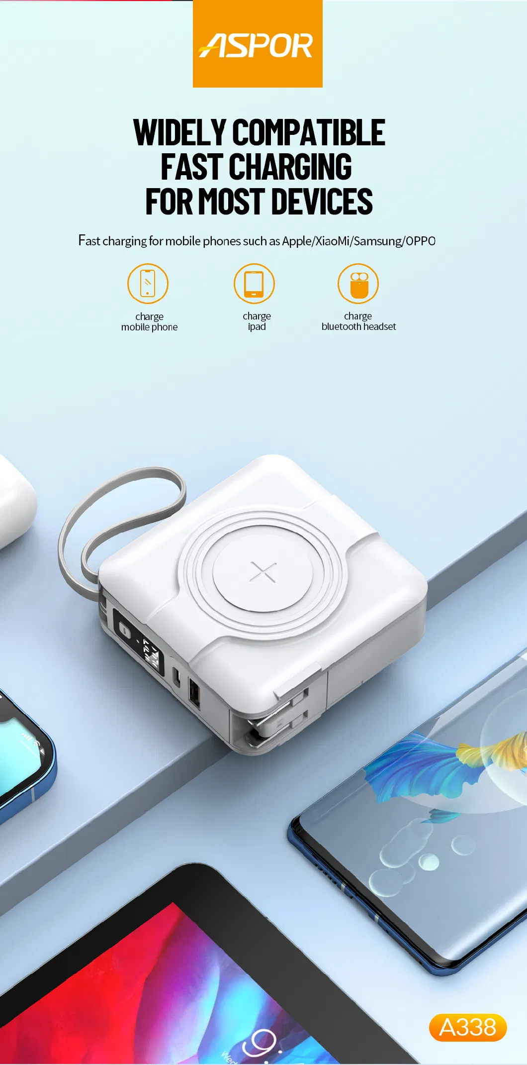 Aspor 5 in 1 Power Bank 22.5W Fast Charging with 2 Cables