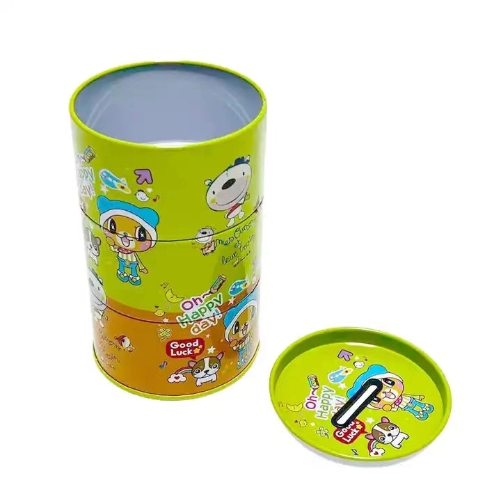 Factory Custom Tinplate Piggy Bank Cylindrical Metal Packaging Tin Coin Box