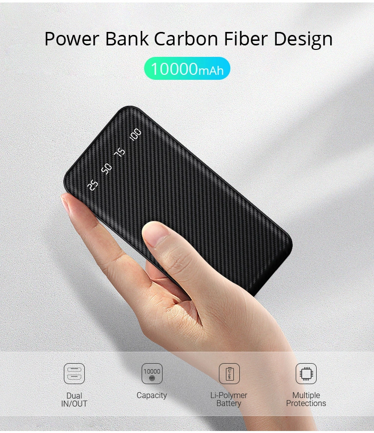 Special Ultra-Thin Carbon Fiber Design 10000 Milliampere Display Mobile Phone Charging Bank