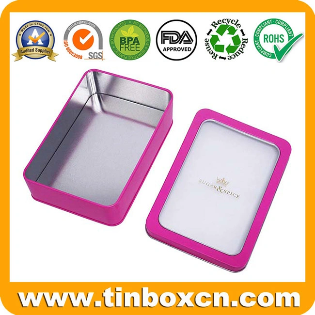 Popular Customized Window Metal Box Rectangle Candy Tin Case with Clear PVC Top for Gifts