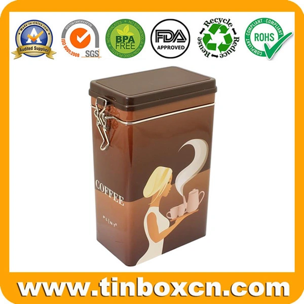 Customized Rectangular Metal Coffee Tin Box with Plastic Airtight Cover
