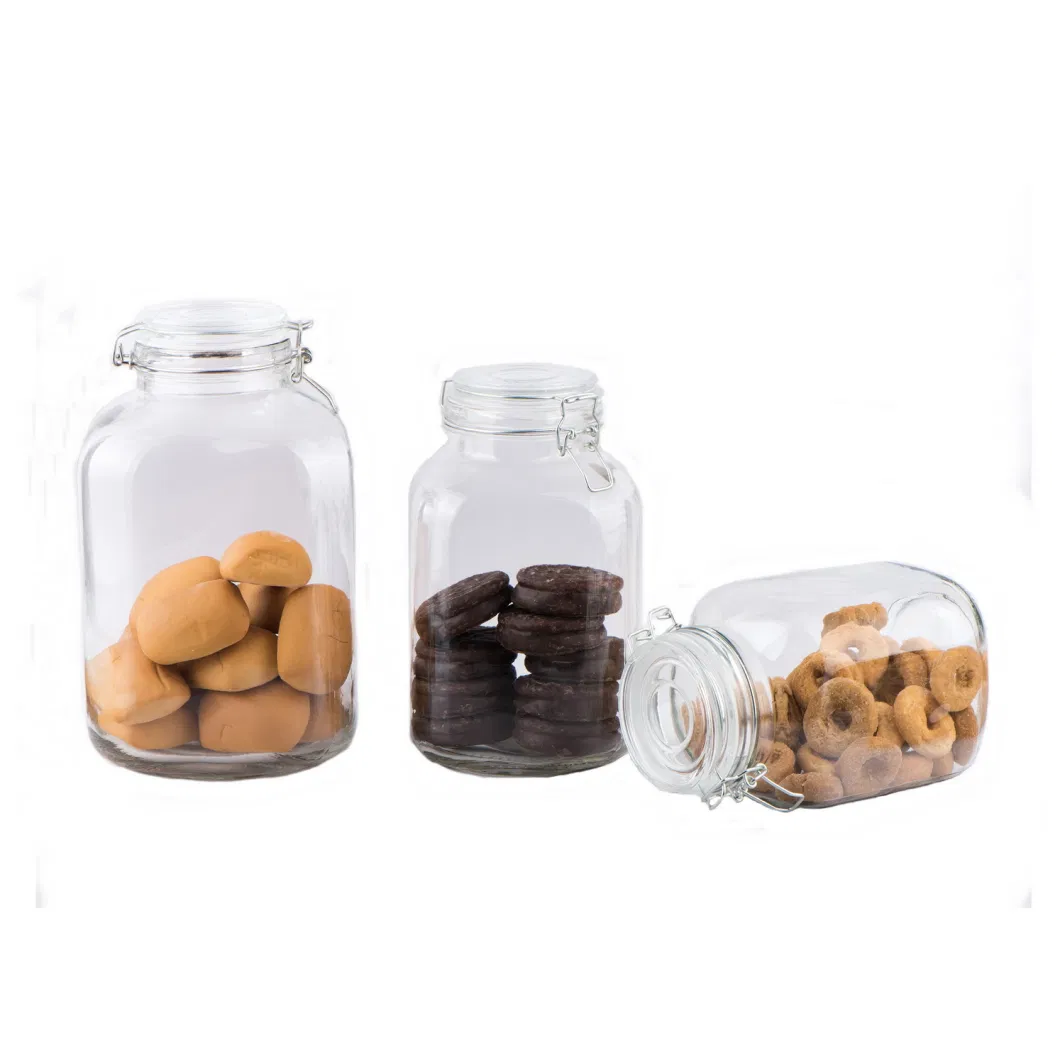 2L 3L 5L Square Big Capacity Glass Storage Jar/Glass Canister/Glass Food Jar/Glass Cookie Jar with Metal Clip Lid