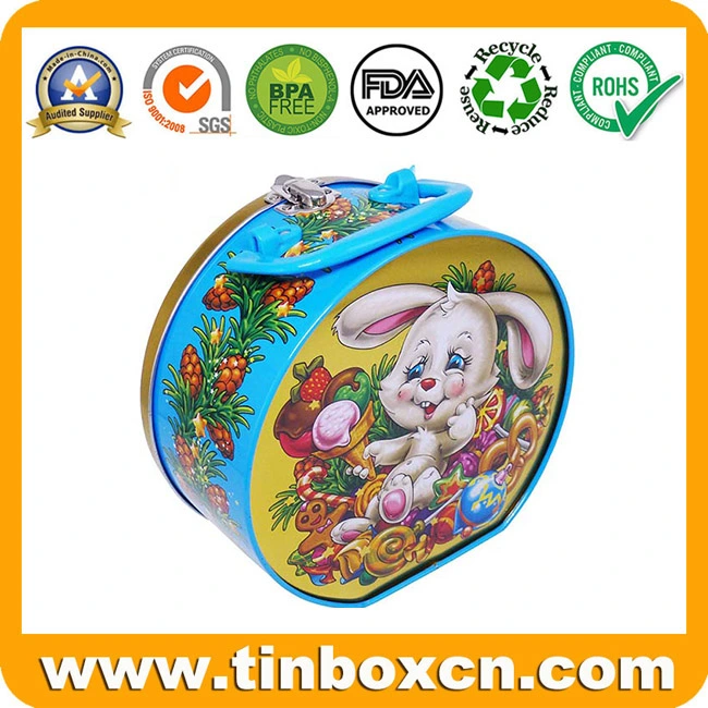 Decorative Metal Can Round Handle Christmas Tin Box with 3D Embossment