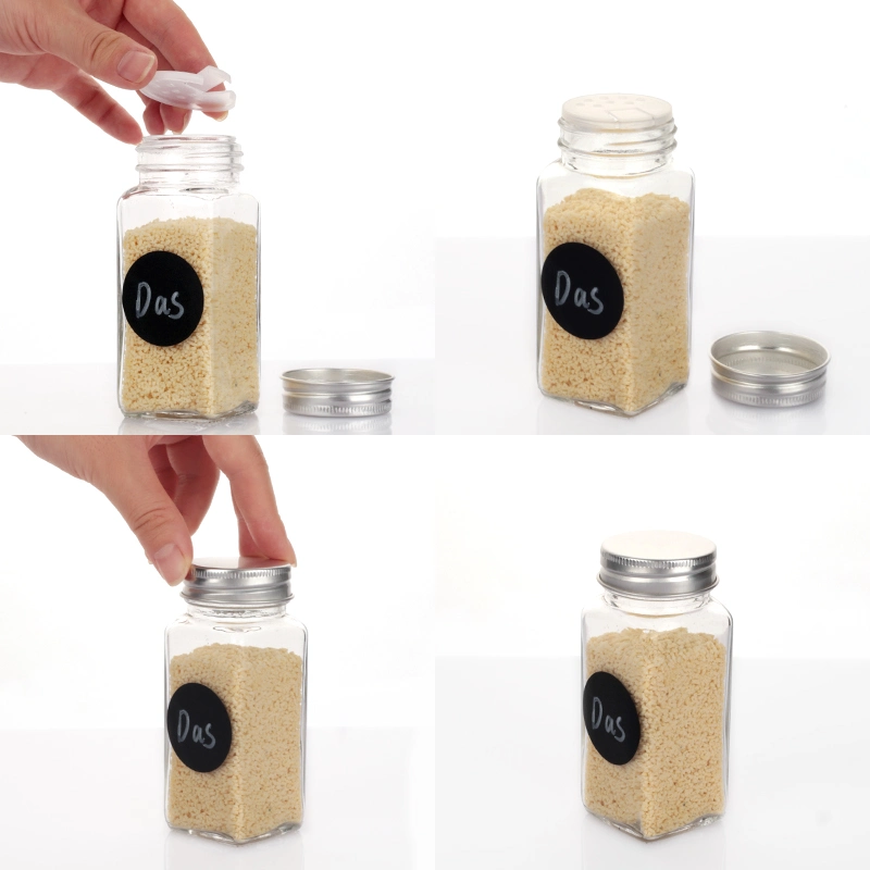 4oz Square Seasoning Chili Condiment Glass Spice Jar and Container with Tin Aluminum Bamboo Lids with Shaker &amp; Funnel