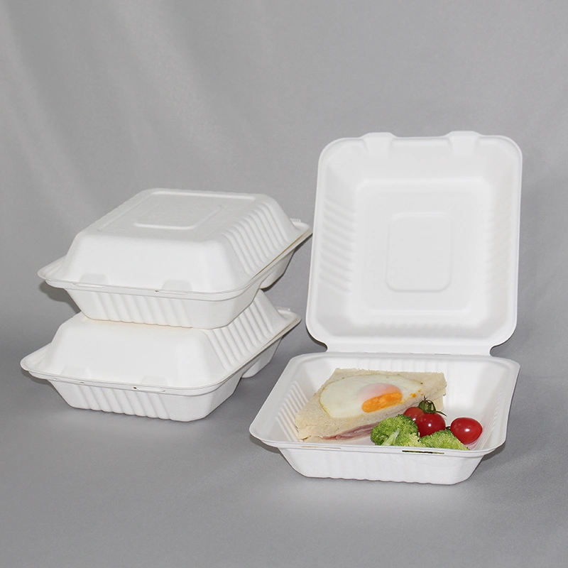 Compostable Eco-Friendly Paper Pulp Sugarcane Bagasse Food Container Biodegradable Takeaway Clamshell Envases Disposable Food Packaging with Lid