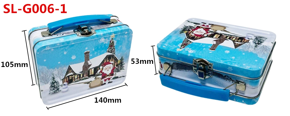 Custom Printing Vintage Tinplate Packaging Rectangular Metal Box Christmas Biscuit Candy Tin Lunch Box with Handle