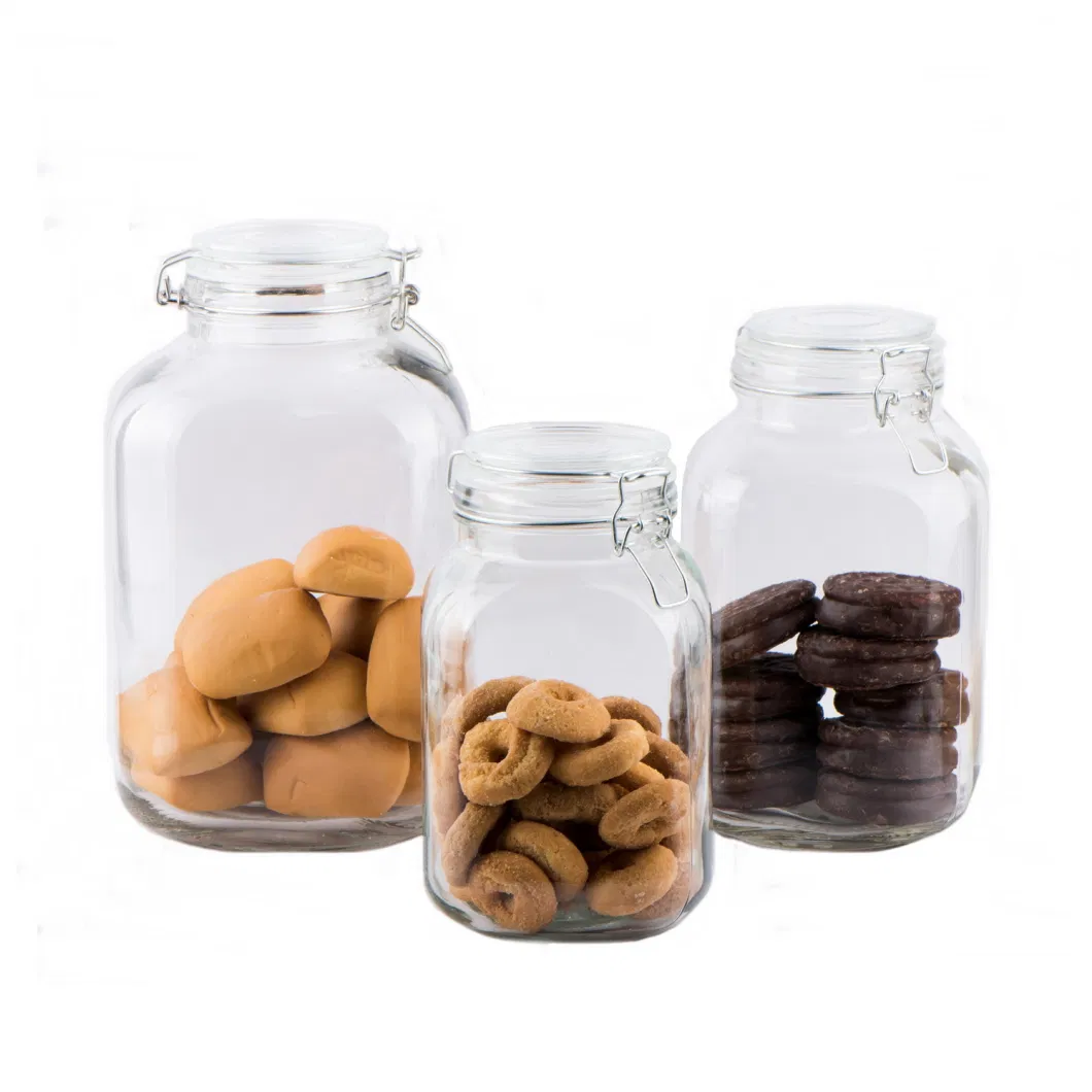 2L 3L 5L Square Big Capacity Glass Storage Jar/Glass Canister/Glass Food Jar/Glass Cookie Jar with Metal Clip Lid