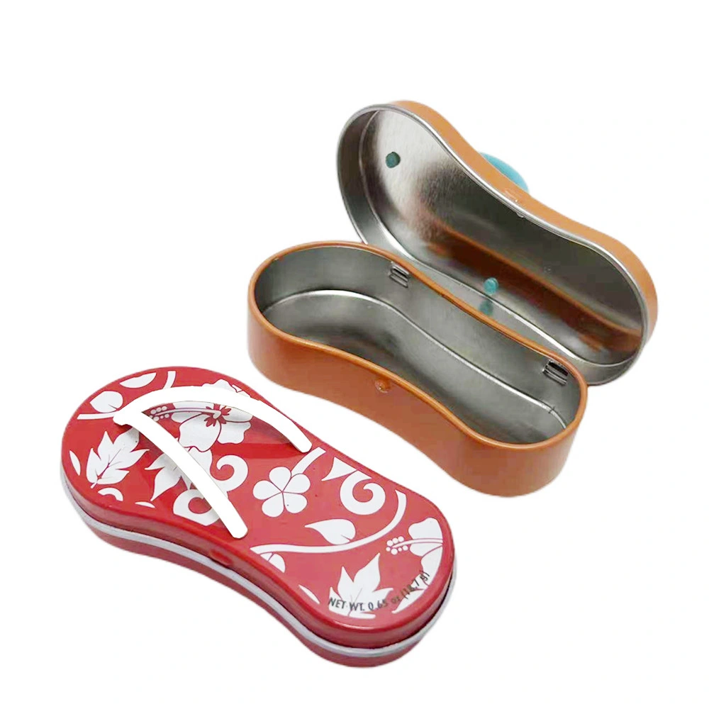 Factory Custom Irregular Mint Tin Box Slippers Shape Small Tin Case Candy Chocolate Mini Tin Can with Hinged