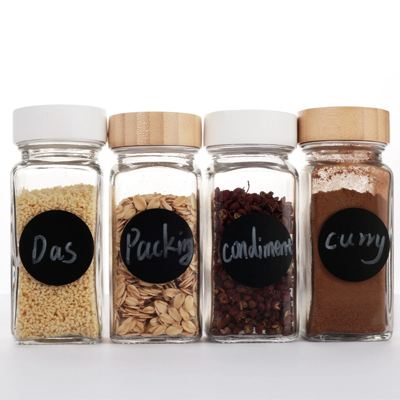 4oz Square Seasoning Chili Condiment Glass Spice Jar and Container with Tin Aluminum Bamboo Lids with Shaker &amp; Funnel