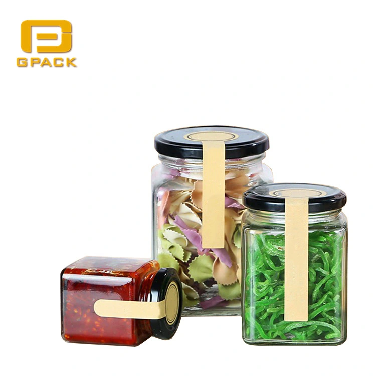 Square Glass Food Jar for Honey Sauce Jam Vegetable Salad Glass Container Cheap Rectangular Mason Jar with Black Tinplate Lids Paper Label