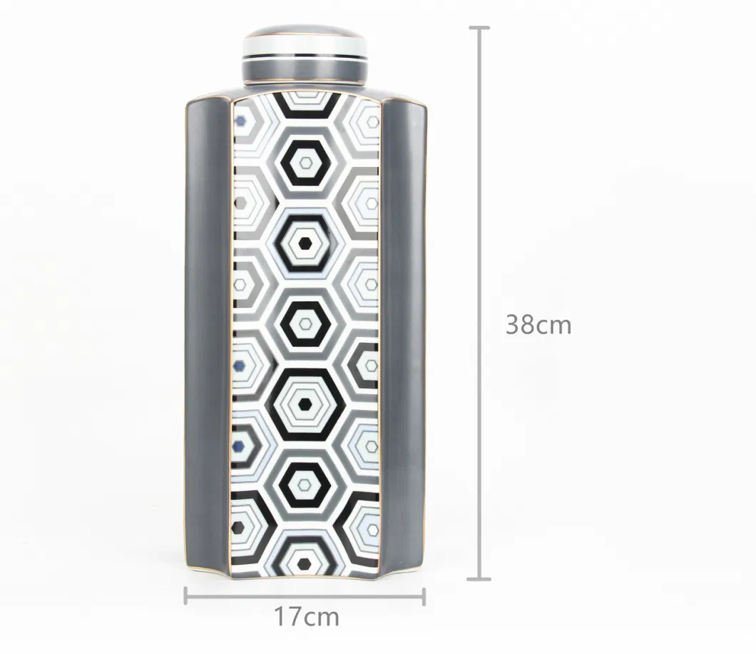 J044 Fashion Design Modern Ceramic Octagonal Bottle Decorative Grey Storage Jar Porcelain Jar Container