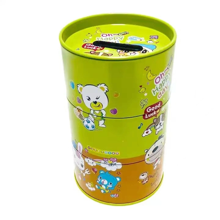 Factory Custom Tinplate Piggy Bank Cylindrical Metal Packaging Tin Coin Box