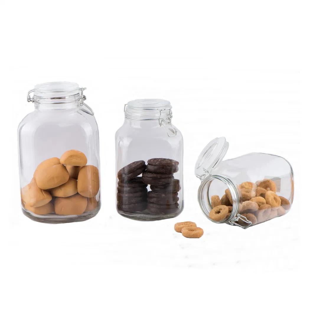 2L 3L 5L Square Big Capacity Glass Storage Jar/Glass Canister/Glass Food Jar/Glass Cookie Jar with Metal Clip Lid