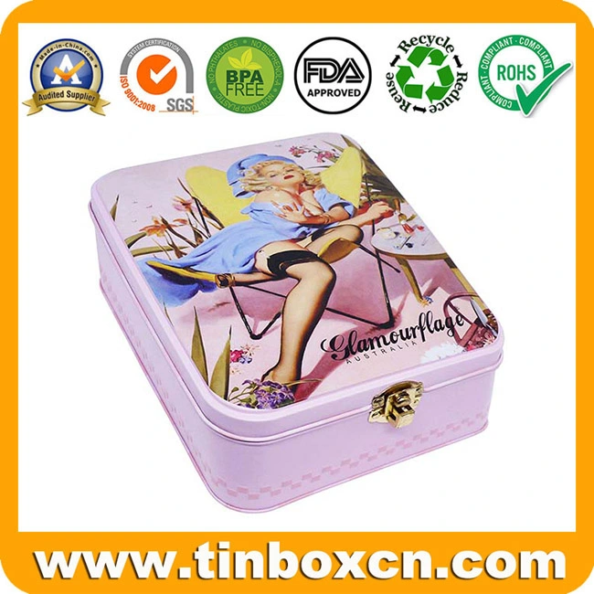 Rectangle Metal Box Cosmetics Tin with Plastic Inserts and Lock for Skincare