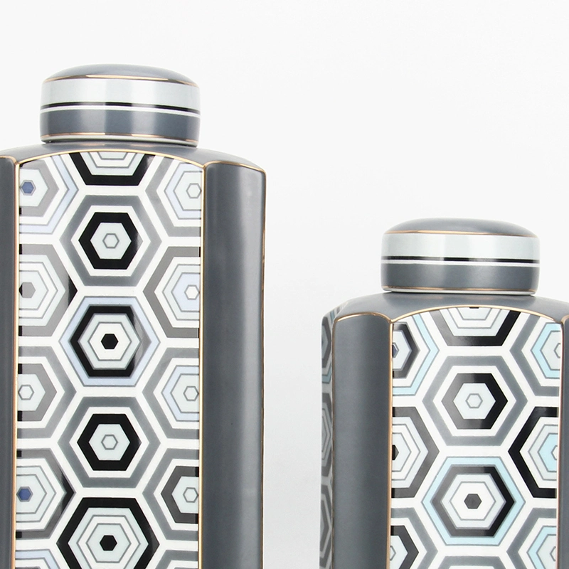 J044 Fashion Design Modern Ceramic Octagonal Bottle Decorative Grey Storage Jar Porcelain Jar Container