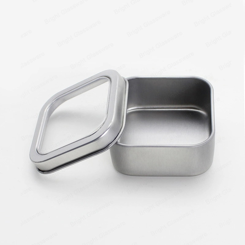 Square Shape Silver Candle Tin Containers with PVC Window