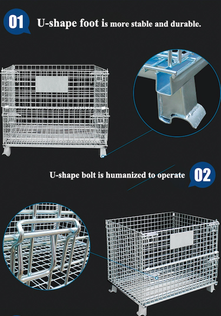 Warehouse Galvanized Foldable Storage Metal Wire Mesh Steel Container with Casters