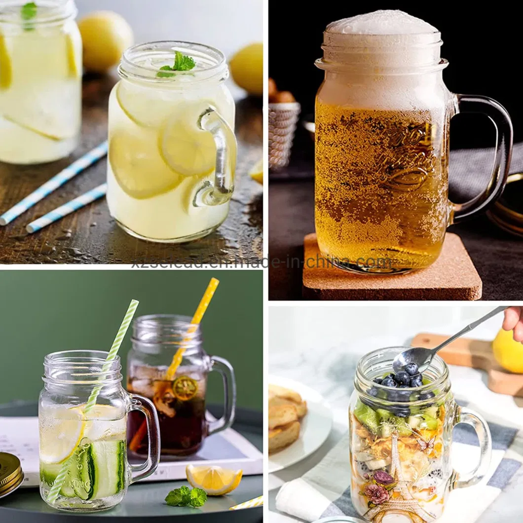 16oz 500ml 350ml Empty Custom Logo Printed Ice Cold Drink Glass Mason Juice Candy Honey Water Jars with Straw Handle