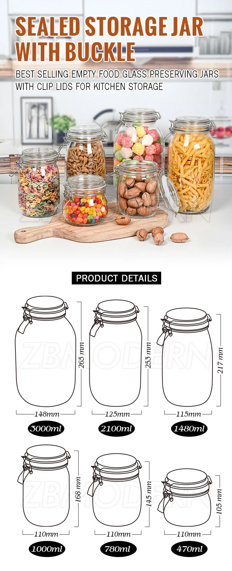 High Quality High Quality Square and Round Airtight Storage Glass Jar with Clip Lid for Jam