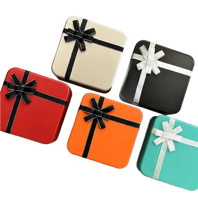 Wholesale Square Decorative Metal Tin Valentine&prime;s Day Gift Box with Bow Lid