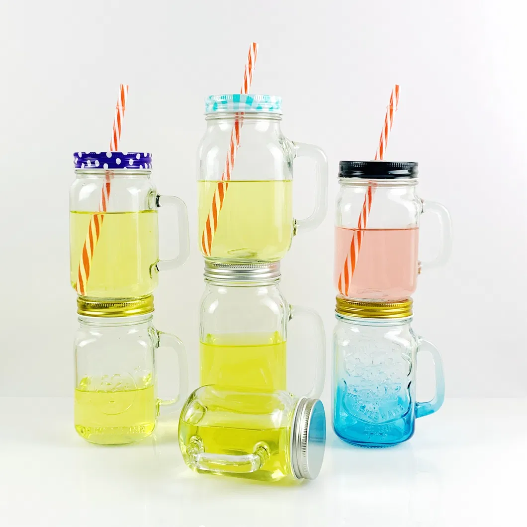 16oz 500ml 350ml Empty Custom Logo Printed Ice Cold Drink Glass Mason Juice Candy Honey Water Jars with Straw Handle