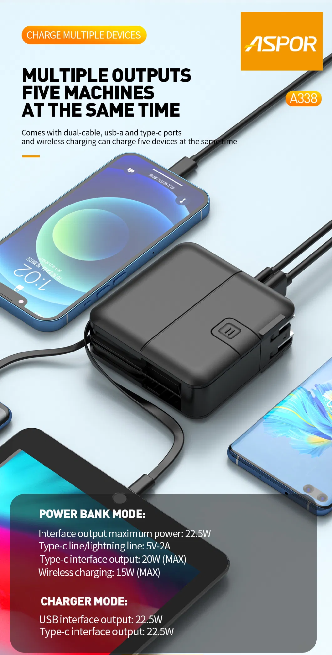 Aspor 5 in 1 Power Bank 22.5W Fast Charging with 2 Cables