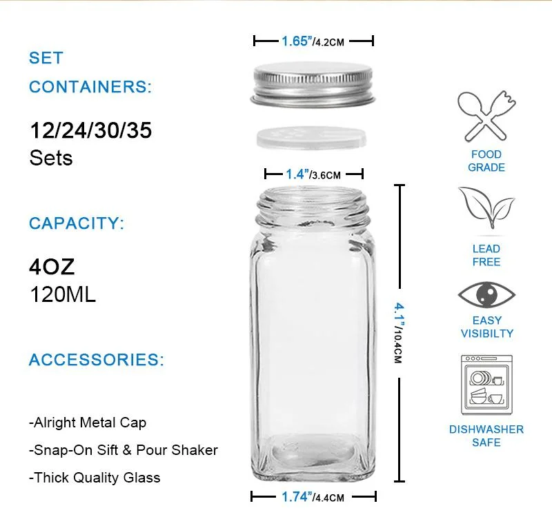 Kitchen 4oz Clear Rectangular Cruet Square Glass Spice Storage Jar with Metal Lid Glass Spice Bottle