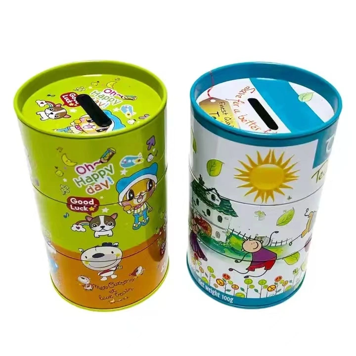 Factory Custom Tinplate Piggy Bank Cylindrical Metal Packaging Tin Coin Box