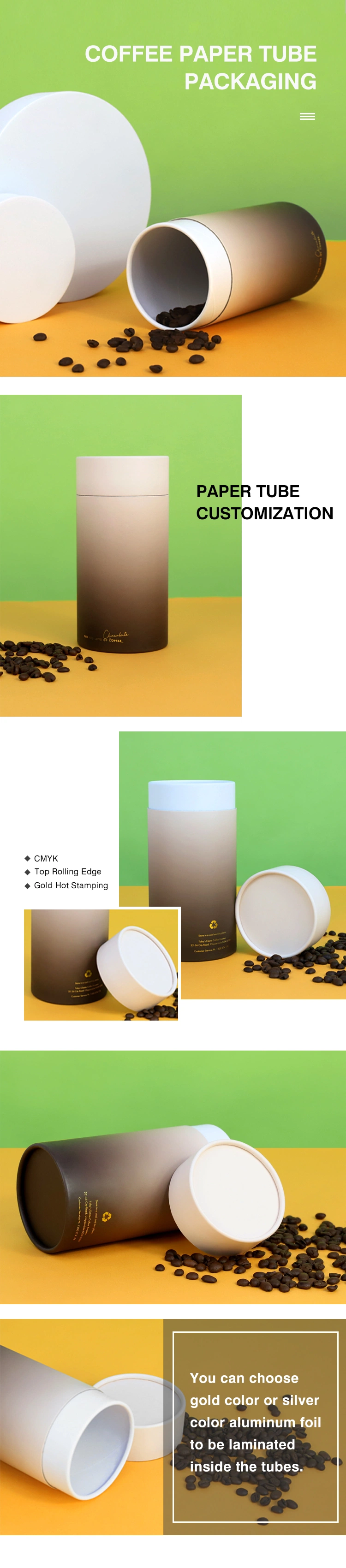 Firstsail High Quality Cylinder Cardboard Coffee Powder Matcha Food Can Package Box Design Black Tea Wine Seasonings Paper Tube Packaging