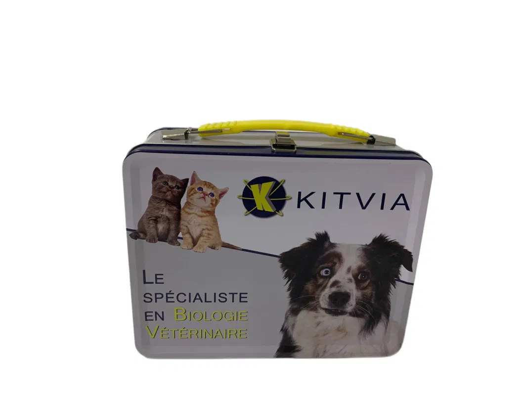 High Quality Rectangle Shape Suitcase Tin Box with Handle Custom Metal Lunch Box Cat Dog Food Packaging Tin