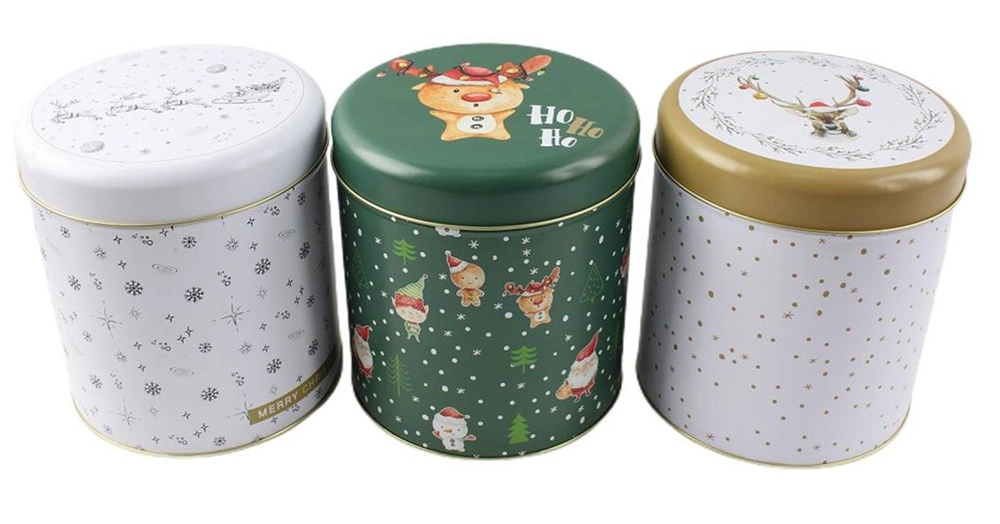 Factory Wholesale Custom Tinplate Container Large Cylindrical Christmas Tins Food Storage Metal Cans