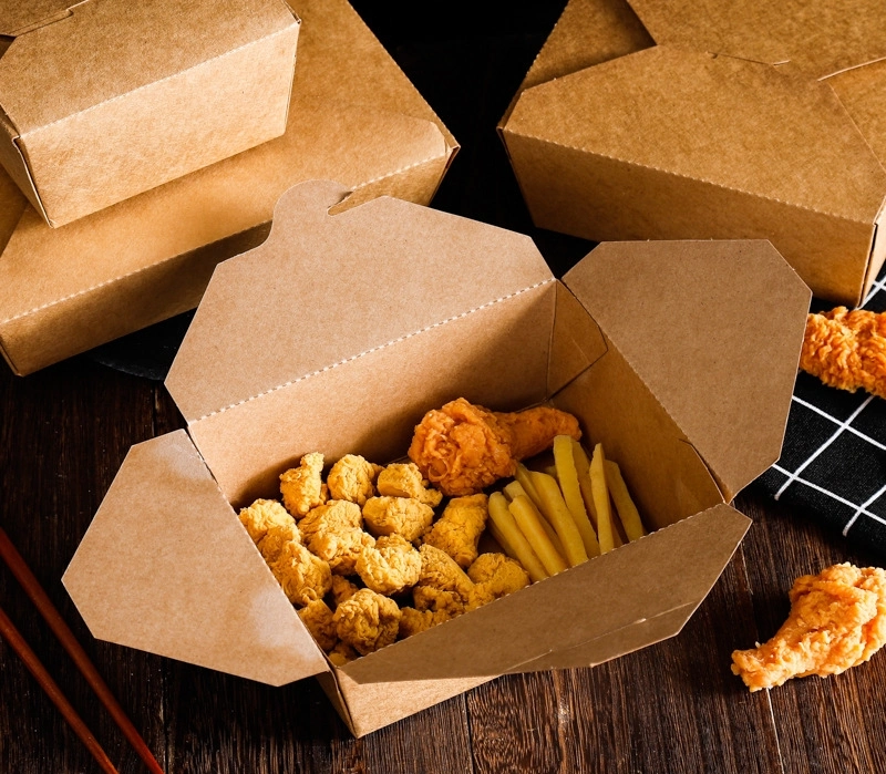 Custom Printed Fried Chicken Chips Kraft Paper Packaging Box Meal Bento Lunch Box with Lid Packing Pasta Salad Food Takeaway