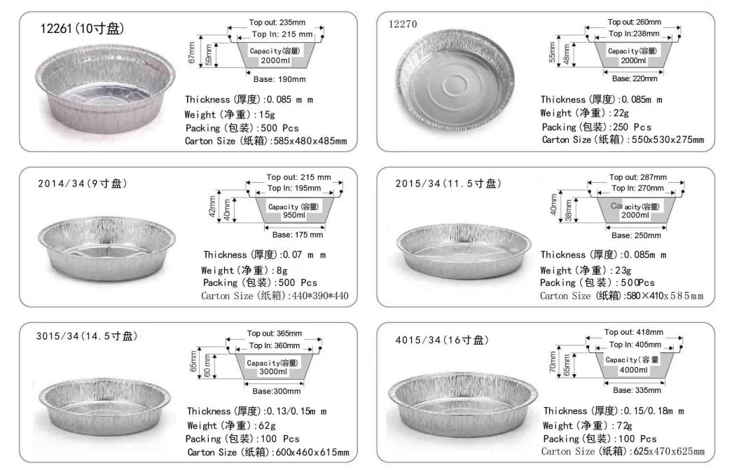 Round Disposable Aluminum Trays Food Grade Cake Catering Tin Foil Containers/Plate/Pot/Dishes with Cover