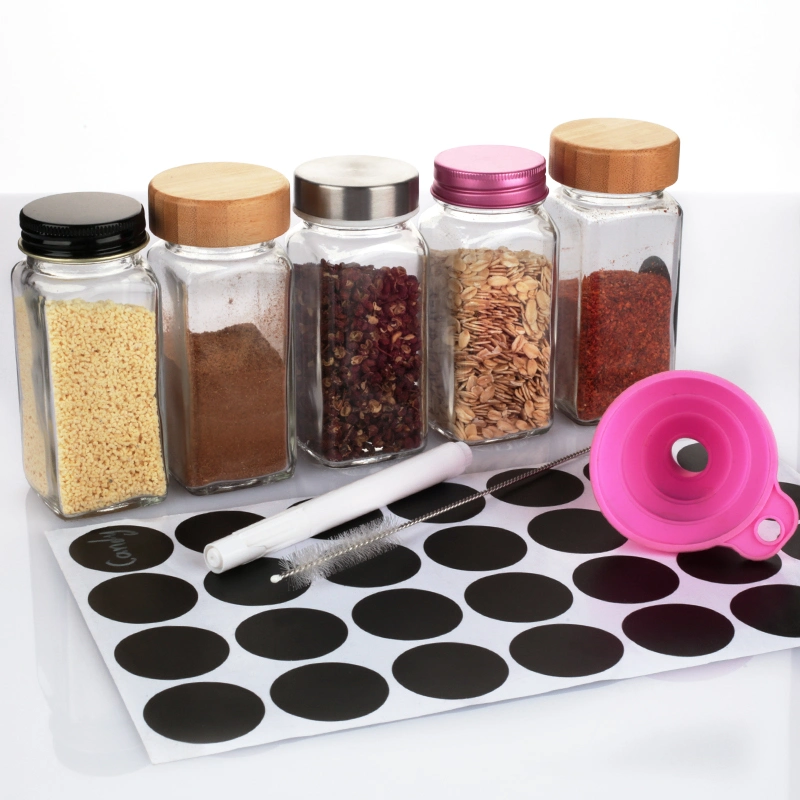 4oz Square Seasoning Chili Condiment Glass Spice Jar and Container with Tin Aluminum Bamboo Lids with Shaker &amp; Funnel