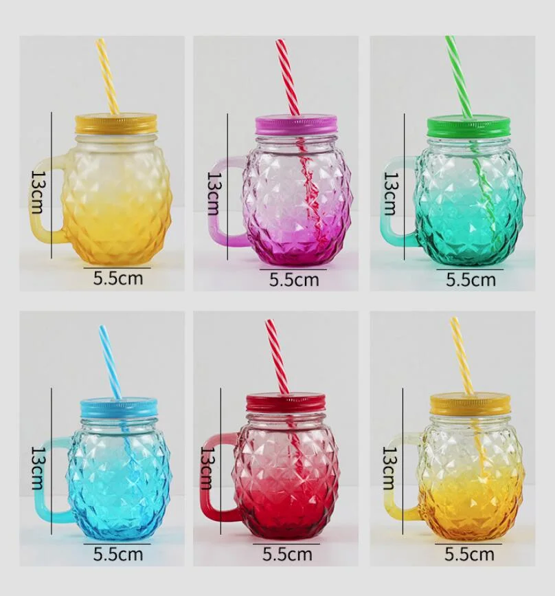 16oz 500ml 350ml Empty Custom Logo Printed Ice Cold Drink Glass Mason Juice Candy Honey Water Jars with Straw Handle